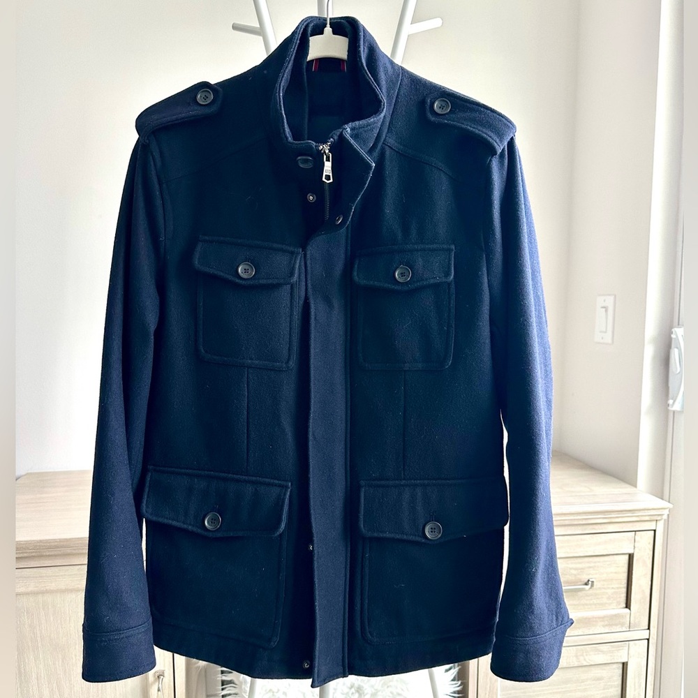 Tommy Hilfiger Men's Wool Mixed Fabric Navy Military Jacket